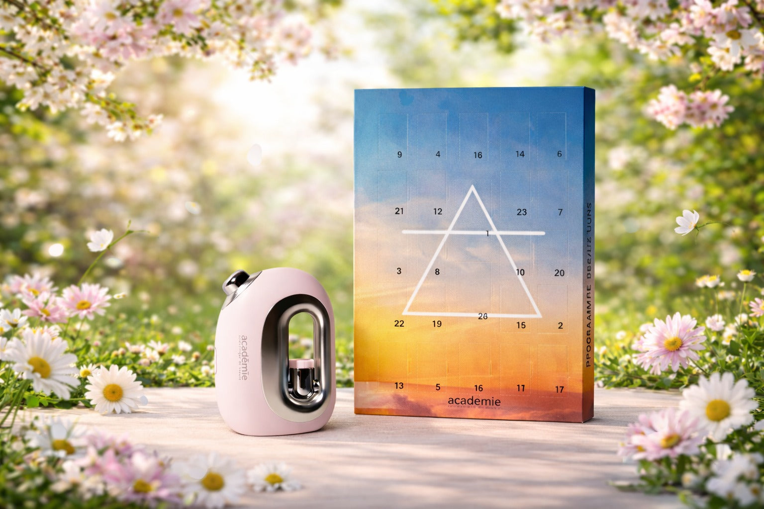 Dispozitiv Academie SKIN Fusion pentru microdifuzia fiolelor concentrat, alături de set fiole Academie, pe fundal floral luminos