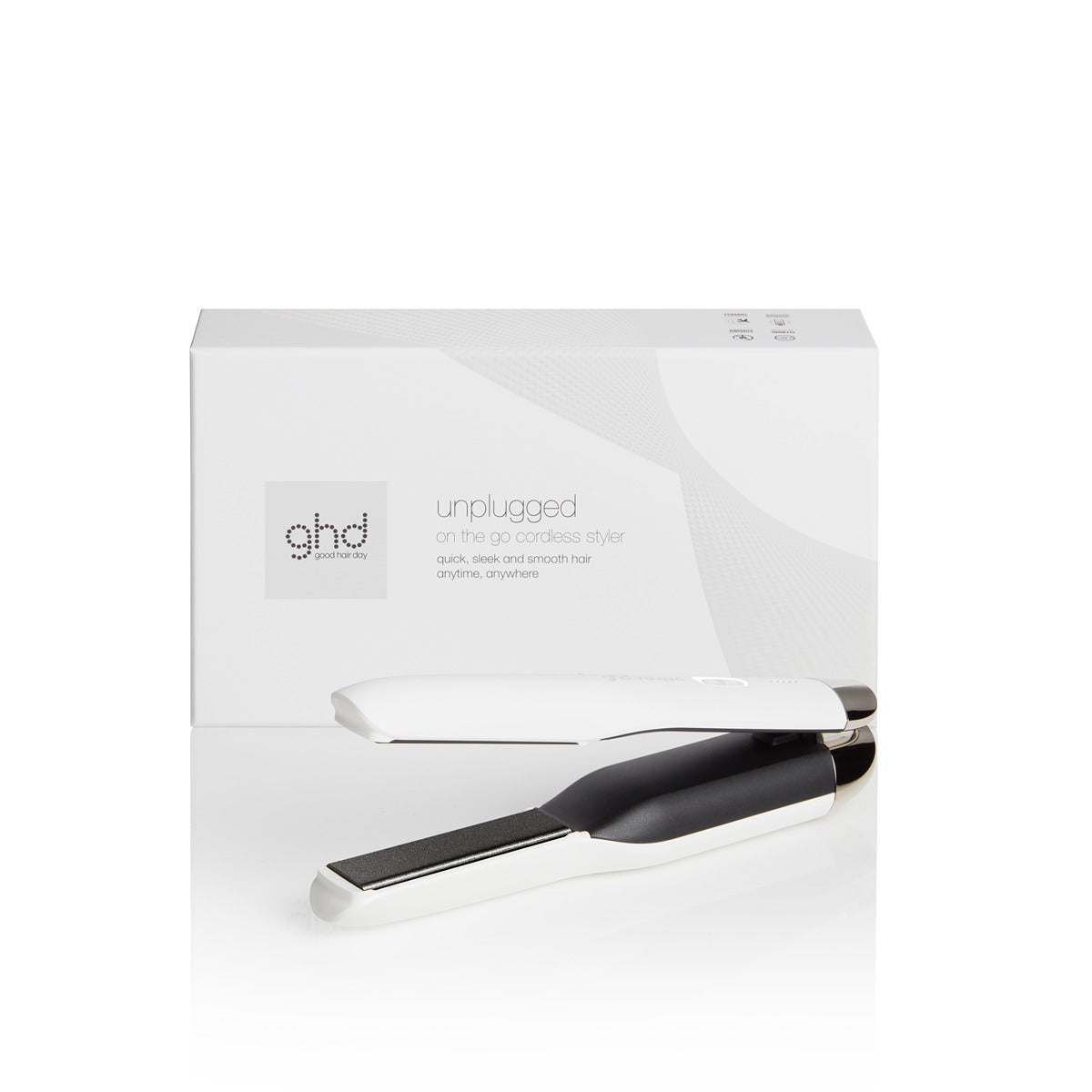 Placa de par profesionala fara fir cu tehnologie Hybrid Co-Lithium GHD Unplugged, Alb