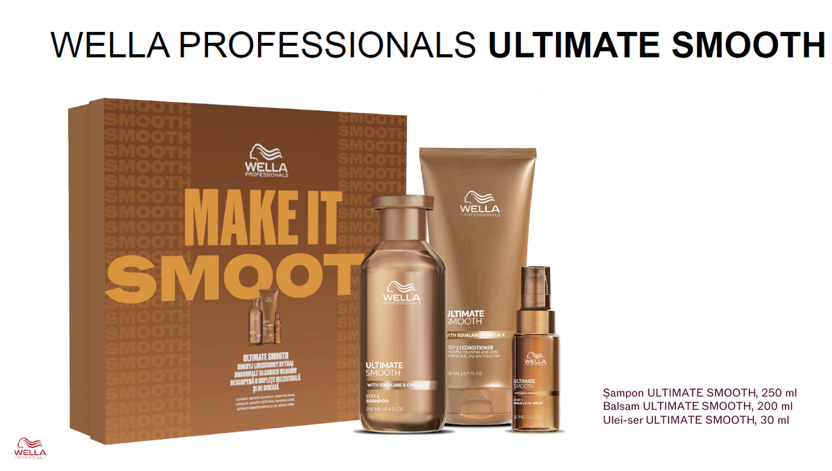 Set cadou Wella Professionals Ultimate Smooth – Șampon 250 ml, Balsam 200 ml și Ulei 30 ml