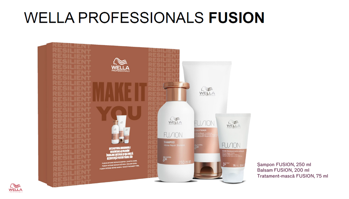 Set Wella Professionals Fusion – Șampon 250 ml, Balsam 200 ml și Mască 75 ml pentru păr deteriorat
