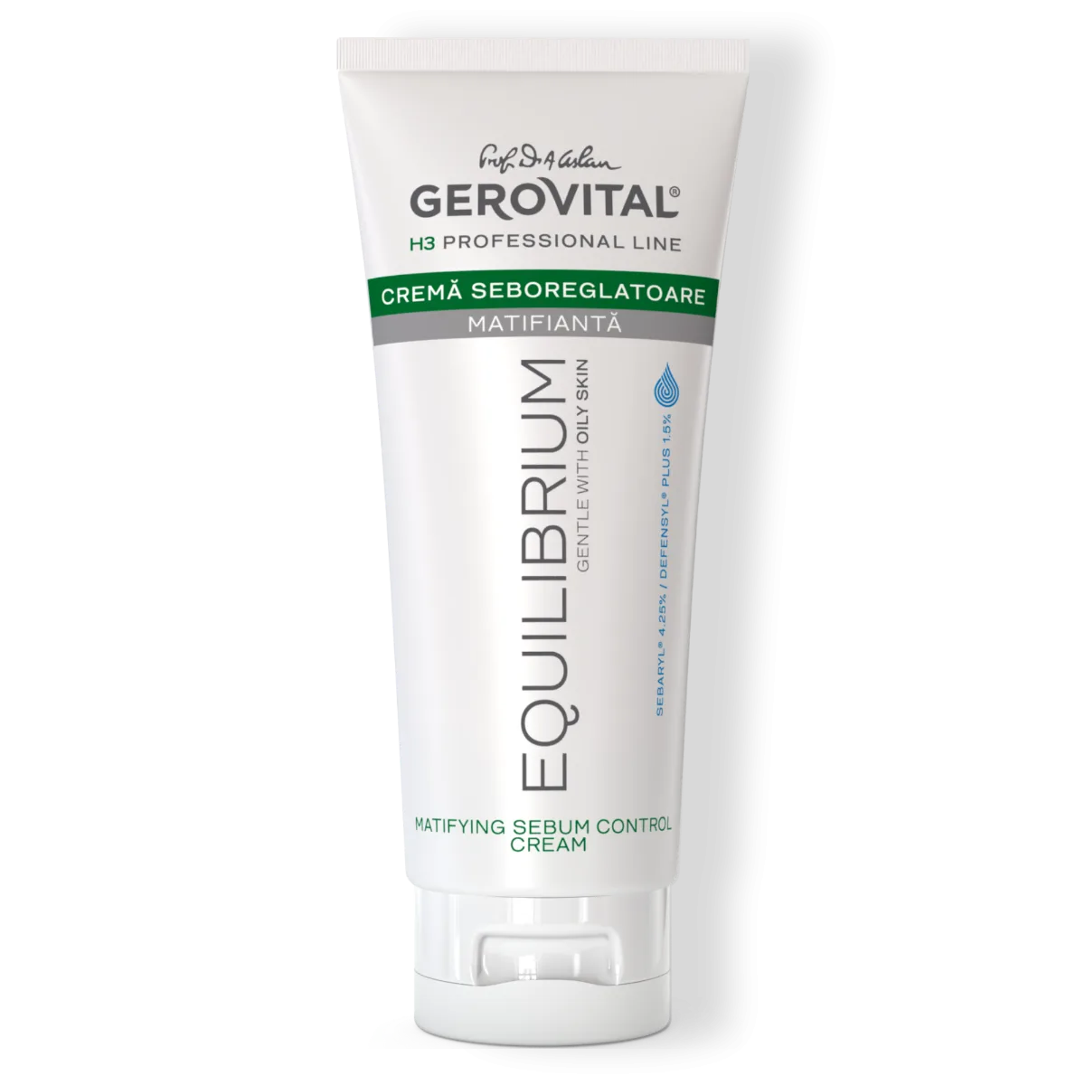 Cremă Seboreglatoare Hidratantă și Matifiantă pentru Ten Gras sau Acneic cu Sebaryl® 4.25% și Defensyl® Plus, Gerovital H3 Equilibrium, 200 ml