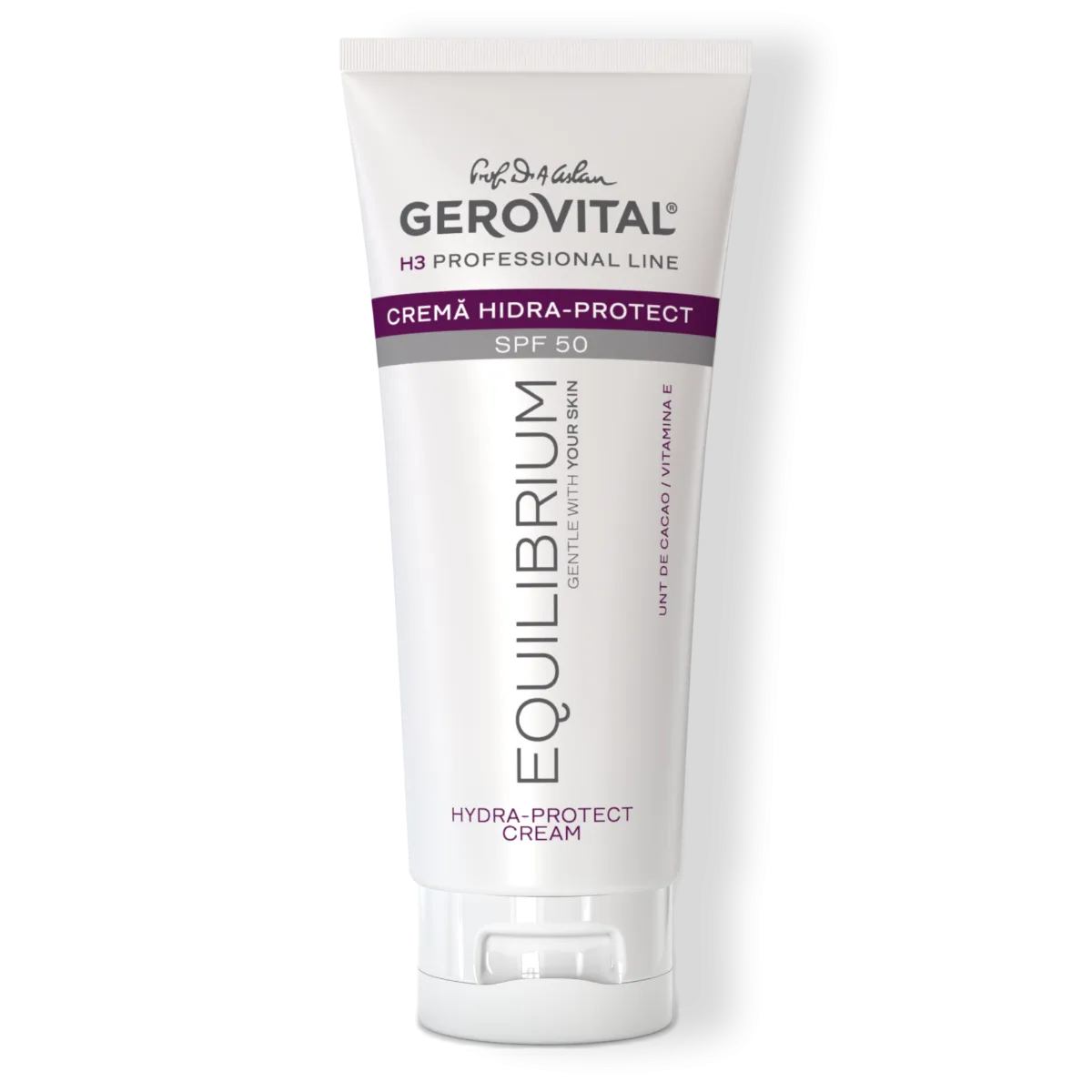 Cremă Hidra-Protect SPF 50 cu Vitamina E și Unt de Cacao, protecție UVA/UVB ridicată, Gerovital H3 Equilibrium, 100 ml