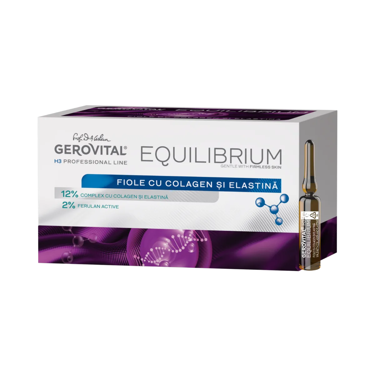 Fiole cu Colagen și Elastină 12% Complex Marin pentru Elasticitate și Reducerea Ridurilor, Gerovital H3 Equilibrium, 20 fiole x 2 ml
