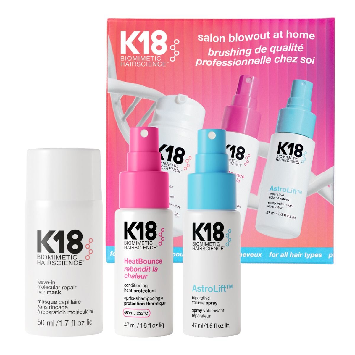 K18 Salon Blowout at Home – Set pentru reparare, protecție și coafare, 50 ml + 2 x 47 ml