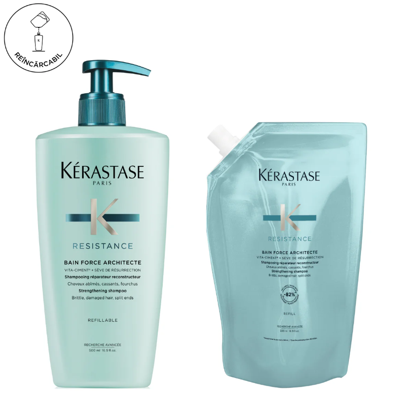 Set Kerastase Bain Force Architecte - Sampon Reincarcabil 500ml si Rezerva 500ml